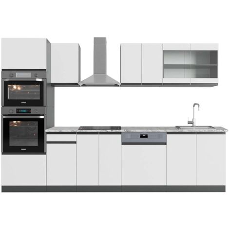 Küchenzeile R-Line, Weiß/Anthrazit, 300 cm mit Hochschrank, AP Marmor, Vicco