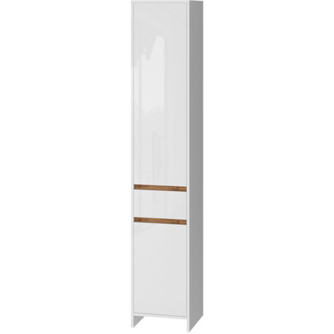 Badschrank Detmold, Weiß Hochglanz/Goldkraft Eiche, 35 x 190 cm mit 2 Türen und  eine Schublade, Vicco