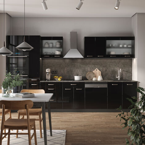 Küchenzeile R-Line, Schwarz Hochglanz, 350 cm mit Hochschrank, AP Marmor, Vicco