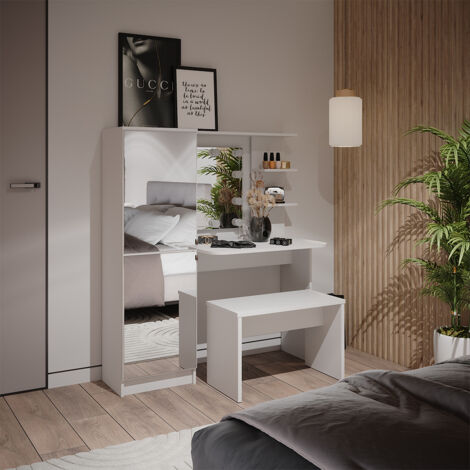 Frisierkommode Jasmin, Weiß, 123 cm mit LED-Beleuchtung und Bank, Vicco