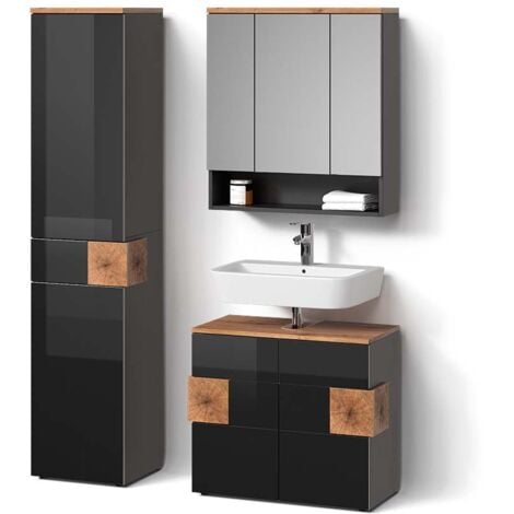 Livinity Badmöbel-Set Temo 3-teilig In Anthrazit - Mit Hochschrank & Spiegelschrank