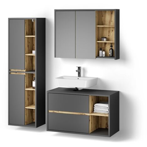 Livinity Badmöbel-Set Temo 3-teilig In Anthrazit - Mit Hochschrank & Spiegelschrank