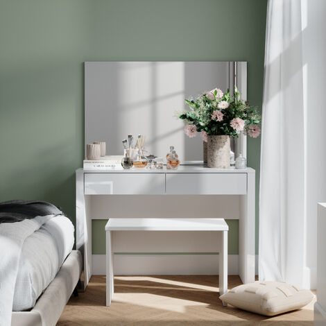 Schminktisch Annabelle, Weiß Hochglanz/Weiß, 110 cm mit Spiegel und Bank, Vicco