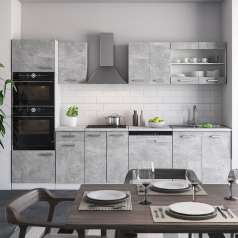 Küchenzeile R-Line, Beton, 300 cm mit Hochschrank, AP Marmor, Vicco
