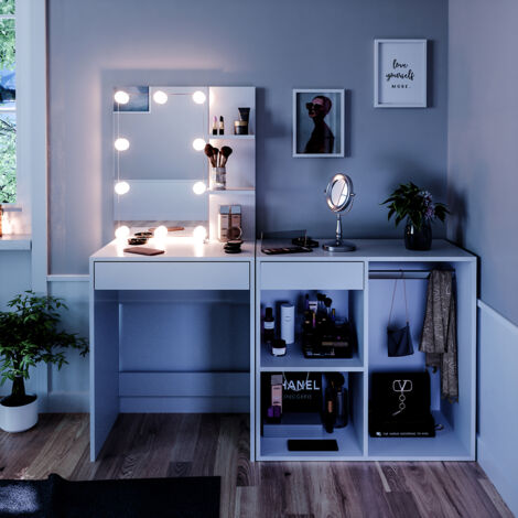 Schminktisch Isabelle, Weiß, 60 cm mit LED Beleuchtung und Schrank, Vicco