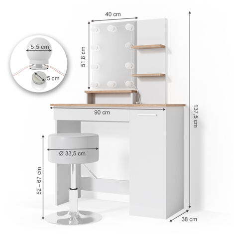 Schminktisch Julia, Weiß/Sonoma, 90 cm mit LED Beleuchtung und Hocker, Vicco