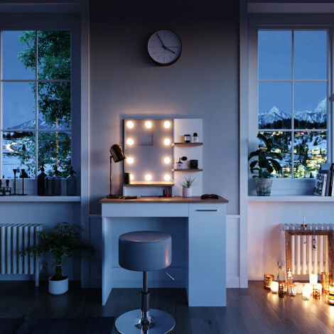 Schminktisch Julia, Weiß/Sonoma, 90 cm mit LED Beleuchtung und Hocker, Vicco