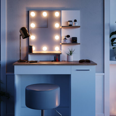 Schminktisch Julia, Weiß/Sonoma, 90 cm mit LED Beleuchtung und Hocker, Vicco