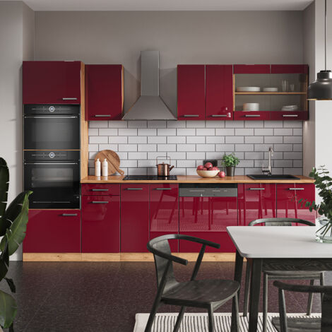 Küchenzeile R-Line, Bordeaux Hochglanz/Goldkraft Eiche, 300 cm mit Hochschrank, ohne Arbeitsplatte, Vicco