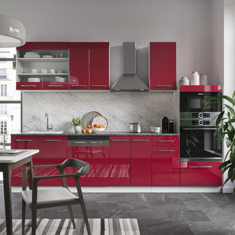Küchenzeile Fame-Line, Bordeaux Hochglanz/Weiß, 300 cm mit Hochschrank, ohne Arbeitsplatte, Vicco