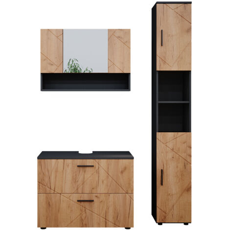 Badmöbel-Set Irma, Goldkraft Eiche/Anthrazit, 3 Teile, mit Spiegelschrank 80 cm, Vicco