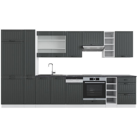 Küchenzeile Fame-Line, Anthrazit Landhaus/Weiß, 355 cm mit Hochschrank, ohne Arbeitsplatte, Vicco