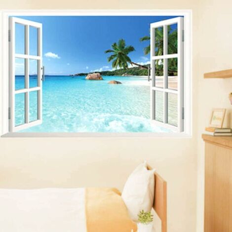 LITZEE Énorme 90X60 Cm Amovible Plage Mer 3D Fenêtre Paysage Paysage Muraux Stickers Décoratifs Pour