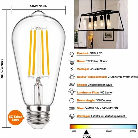 Lampes d'extérieur, ampoule LED à vis E27 Edison, 2W Ampoule de rechange à  filament LED pour S14 ST45 LED, blanc chaud 2700K, verre ambré équivalent,  non réglable, paquet de 6 [Classe énergétique