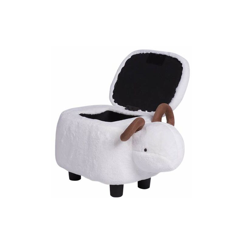 Pouf contenitore animale montone in tessuto bianco. Sgabello poggiapiedi  con vano contenitore, ideale per la cameratta dei bambini.