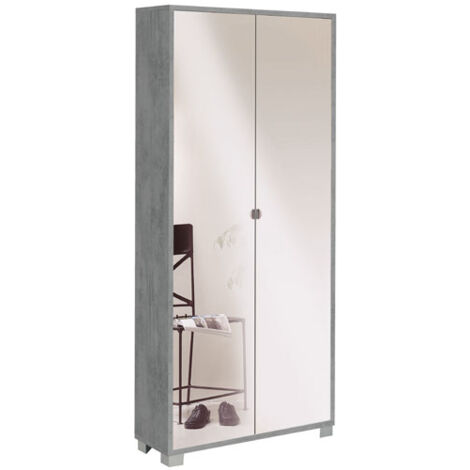Armadio multiuso slim due ante a specchio otto ripiani Beton Cemento 83x29x h190 cm
