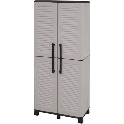 Dmora - Armadio da esterno Askan, Armadio porta scope, Mobile outdoor 2 ante, 100% Made in Italy, 68x37h169 cm, Grigio chiaro e Nero, Finitura righe