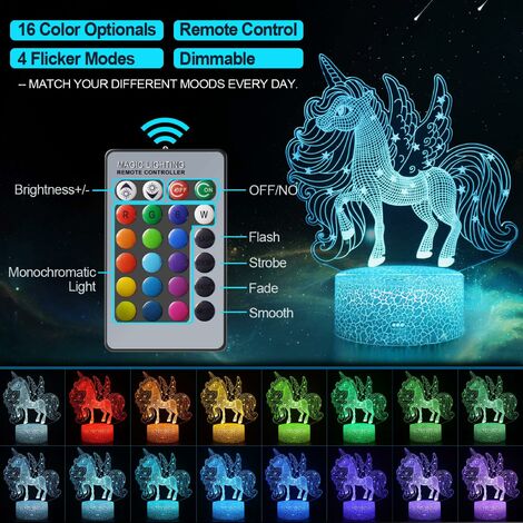 Veilleuse Licorne 3D pour Enfants Fille Lampe LED USB Veilleuse Illusion 7 Couleurs Changeantes avec Télécommande pour Enfants Adultes Cadeau d'anniversaire et de vacances 