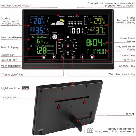 Powstro Station météo avec écran couleur horloge numérique LCD sans fil réveil électronique multifonction avec calendrier perpétuel humidité de la température pour bureau noir
