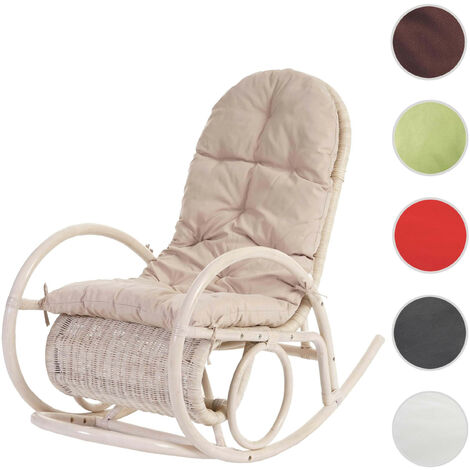 Fauteuil Ă bascule Esmeraldas, rocking-chair, fauteuil en rotin, blanc - rembourrage marron (1/5)