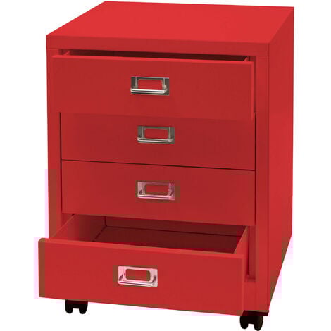 Caisson à roulettes HWC-L49 - armoire à tiroirs acier armoire à dossiers - métal 55x40x41cm 4 tiroirs - rouge