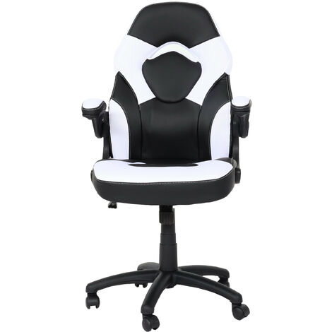 Chaise de bureau HWC-K13, chaise pivotante Gaming, accoudoirs réglables, similicuir noir-blanc (1/5)