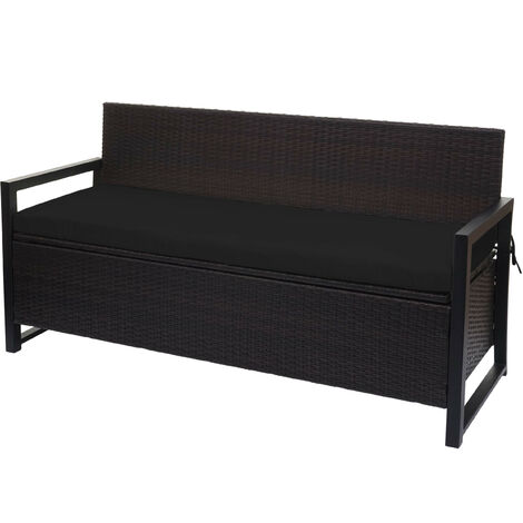 Poly-Rattan Banc 3 places HWC-F39 - Banc de jardin coffre - rangement Coussin d'assise - brun - coussin noir (1/5)