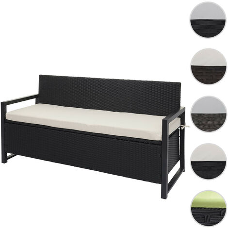 Poly-Rattan Banc 3 places HWC-F39 - Banc de jardin coffre - rangement Coussin d'assise - anthracite - coussin bordeaux (1/5)