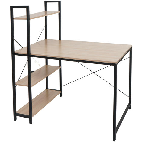 Bureau avec étagère HWC-K81 - table d'ordinateur portable table de travail - 100x60cm métal bois - naturel (1/5)