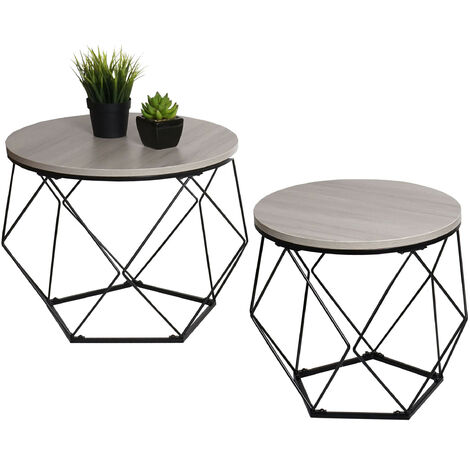 Ensemble de tables basses HWC-L37 - table basse table d'appoint table de salon - métal bois - aspect chêne gris (1/5)