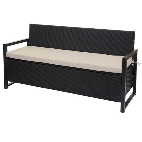 Poly-Rattan Banc 3 places HWC-F39 - Banc de jardin coffre - rangement Coussin d'assise - anthracite - coussin beige (1/5)