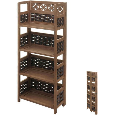 Étagère HWC-K86 pliable 4 étagères - Bois 110cm - brun foncé - tressage brun foncé (1/5)