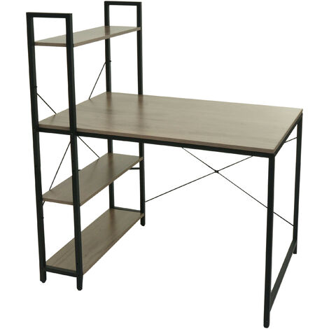 Bureau avec étagère HWC-K81 - table d'ordinateur portable table de travail - 100x60cm métal MDF - gris-brun (1/5)