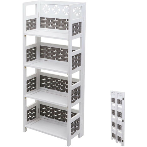 Étagère HWC-K86 - Étagère sur pied - pliable 4 étagères - Bois 110cm - blanc - tressage gris (1/5)