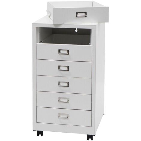 Caisson à roulettes HWC-L49 - armoire à tiroirs en acier Armoire à dossiers - métal 75x40x41cm 6 tiroirs - blanc