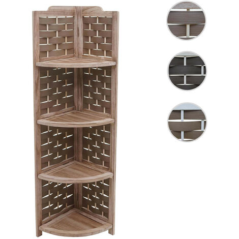 Etagère d'angle HWC-K85 pliable 4 étagères - bois de paulownia 110cm - blanc - tressage anthracite (1/5)