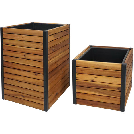 Set de 2 bacs à plantes HWC-L23 - bac à fleurs surélevé - Outdoor Acacia bois certifié MVG aluminium brun (1/5)