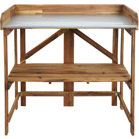 Table De Jardinier En Bois Sapin 86x92x41 Cm - Plateau Zinc, 2 étagères, Extérieur - Hauteur Ergonomique Dos