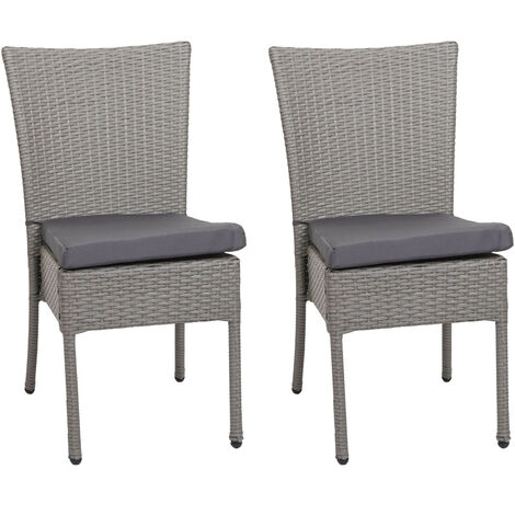 Lot de 2 chaises en poly rotin HWC-G19 chaise de jardin - empilable - gris - coussin gris foncé (1/5)