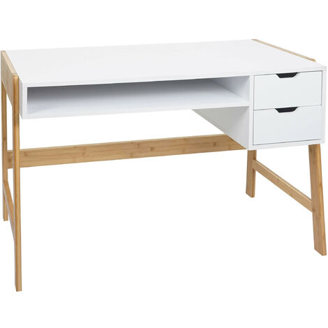 Bureau HWC-K12 - table d'ordinateur - table de travail - tiroir - bambou 76x155x58cm - blanc (1/5)