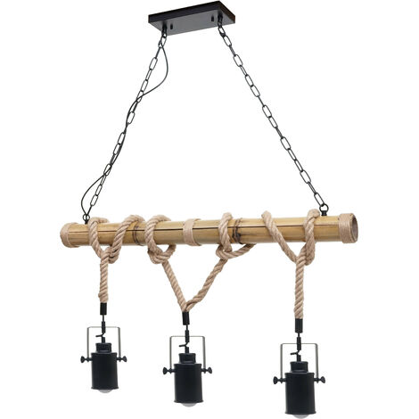 Lampe à suspension HWC-H82, corde de bambou, vintage industriel métal noir 3x abat-jours Spot (1/5)