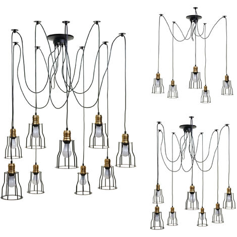 Suspension HWC-H81, lampe suspendue, métal industriel réglable en hauteur, noir 9x abat-jours cage (1/5)