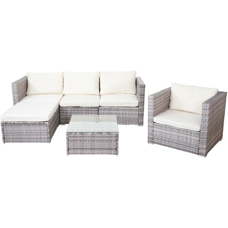 Ensemble de meubles de jardin Brescia, poly-rotin gris, coussins crème (1/5)