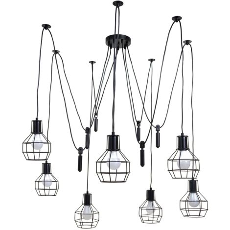 Lampe à suspension HWC-H85, métal industriel, réglable en hauteur, noir 7x abat-jours cage (1/5)