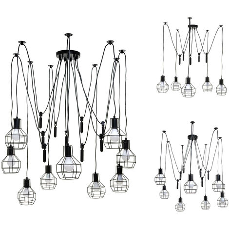 Lampe à suspension HWC-H85, métal industriel, réglable en hauteur, noir 9x abat-jours cage (1/5)