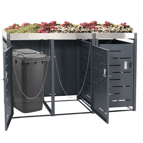 Habillage pour 3 poubelles HWC-H40b - abri pour poubelles - bac à plantes acier inoxydable-métal combiné 63kg 110x175x62cm exte