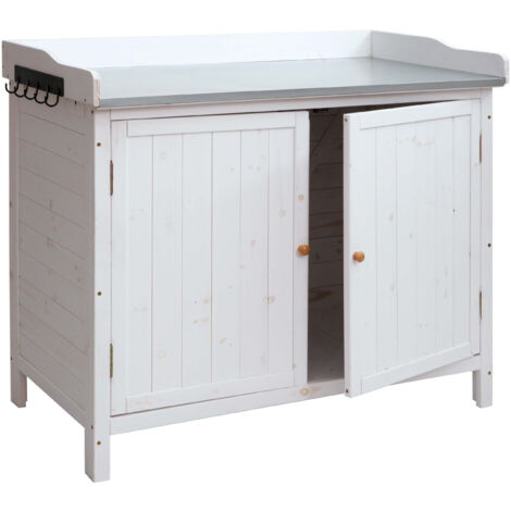HHG – Armoire de jardin en sapin massif avec plan de travail en tôle de zinc – Dimensions 86x99x56cm – 10 crochets et portes à fermeture magnétique (1/5)