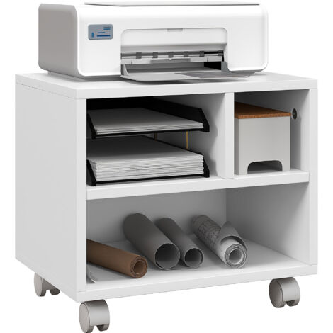 Meuble support d'imprimante compact blanc – 3 niches ouvertes – Roulettes pivotantes 360° avec frein – Panneaux de particules E1 robustes – MH