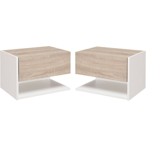 Lot de 2 tables murales de chevet JOSE aspect chêne clair et blanc (1/5)