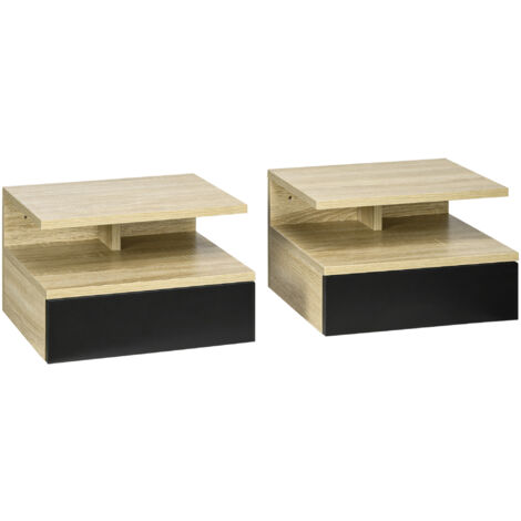 Lot de 2 tables de chevet murales QUENTIN aspect bois et noir (1/5)
